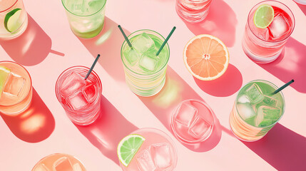 Poster - Summer cocktails with lime and grapefruit casting refreshing shadows on pink background
