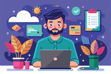 Poster - a freelancer is focused on their laptop in a vibrant workspace filled with plants and digital tools,