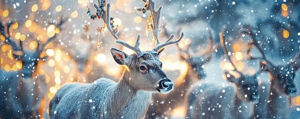 Aufkleber - A majestic deer stands gracefully in a snowy landscape, surrounded by a serene winter wonderland filled with soft snowfall.