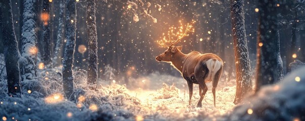 Poster - A majestic deer illuminated by enchanting lights in a serene snowy forest, creating a magical winter wonderland scene.