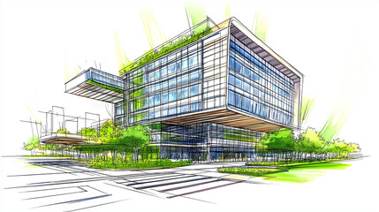 Aufkleber - Modern green building project with trees being presented by architect