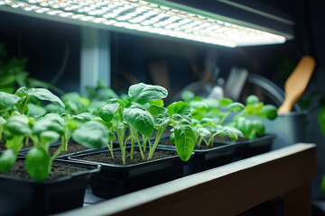 seedlings growing under led lamps on the balcony