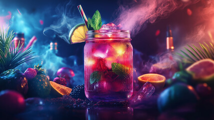 Poster - Colorful cocktail surrounded by tropical fruit and dry ice creating a festive atmosphere