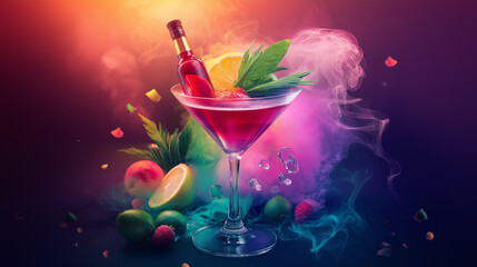 Poster - Red cocktail exploding with flavor and colors in martini glass