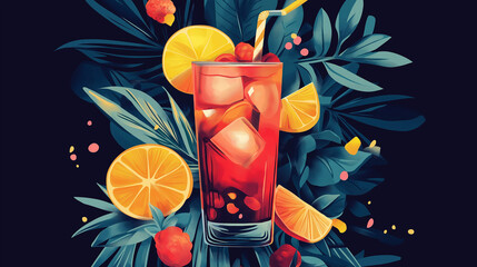 Poster - Red cocktail surrounded by palm leaves and slices of orange fruit illustration
