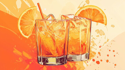 Poster - Two glasses filled with a refreshing cocktail with ice cubes and orange slices on an abstract background
