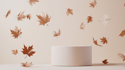 Poster - Autumn leaves falling around empty podium on pastel background