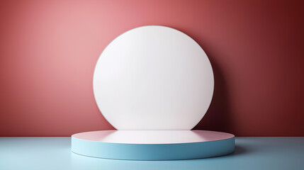 Poster - Minimal blue and pink cylinder podium with circle backdrop presenting a product