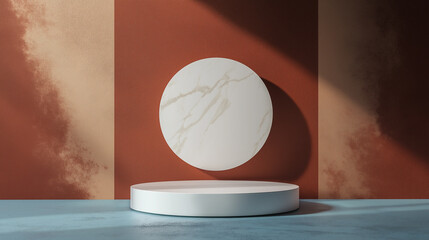 Poster - White round podium displaying on blue floor with marble wall background