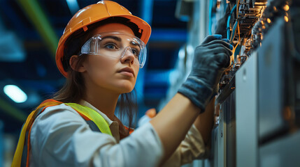Aufkleber - Female industrial engineer working on fuse box in factory
