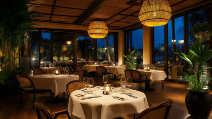 Poster - Empty tropical restaurant decorated with green plants at night