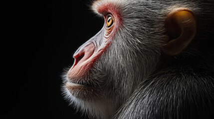 monkey staring with intense gaze on black background