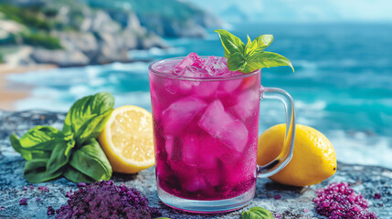Poster - Refreshing purple lemonade with ice and basil on the beach