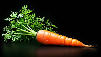 Vibrant orange carrot with lush green leaves set against a striking black background