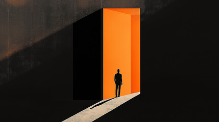 Poster - Businessman walking towards bright light at end of dark hallway
