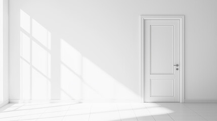 Poster - Minimalist bright interior with sunlight illuminating empty white wall