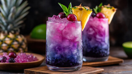 Poster - Two refreshing purple cocktails with pineapple and mint are waiting on a bar