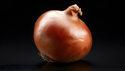 Isolated vibrant red onion with prominent roots against a dark backdrop