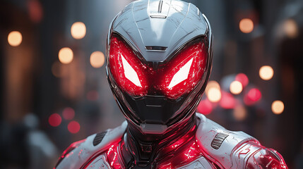 Poster - Futuristic astronaut wearing helmet with red visor in city at night