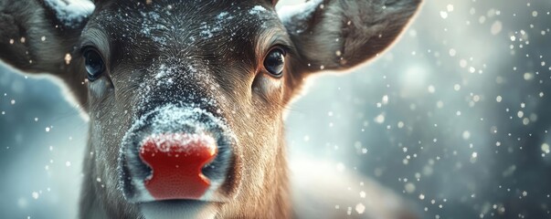 Close-up of a deer in a snowy environment, showcasing its expressive face and vibrant nose, embodying winter beauty and wildlife.