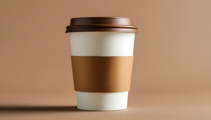 Minimalist white coffee cup with brown sleeve and lid on a clean surface