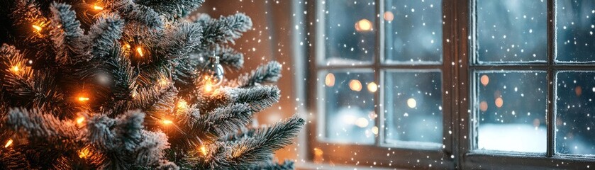 Poster - A cozy winter scene featuring a decorated Christmas tree by a window, with snow gently falling outside. Perfect for holiday themes.