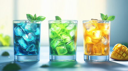 Poster - Three colorful summer cocktails with ice and mint are refreshing on hot day