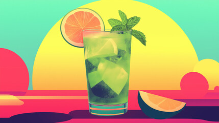 Poster - Green cocktail with ice cubes, mint and lime on colorful abstract background