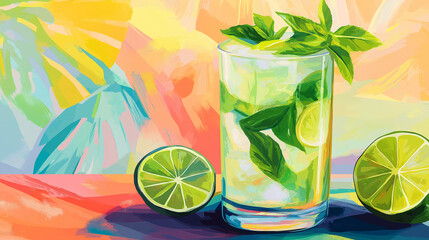 Poster - Refreshing mojito cocktail with lime and mint on colorful background