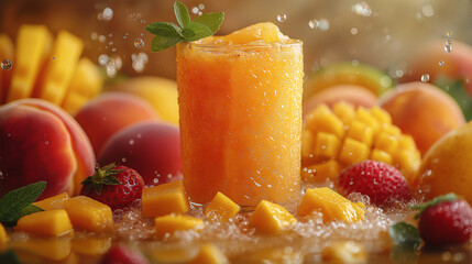 Poster - Refreshing peach mango smoothie surrounded by ripe fruits and water droplets