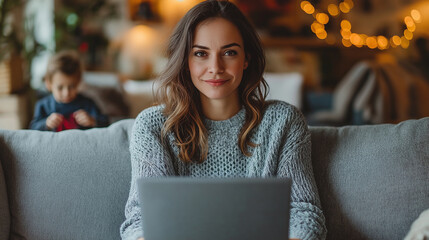 Poster - Woman working from home on laptop while child plays in background