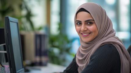 Aufkleber - Muslim businesswoman smiling while working at her desk