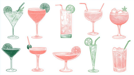 Poster - Set of different cocktails drawn with colored pencils on white background