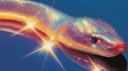 Wall Mural - Iridescent snake slithering on reflective surface with lens flare