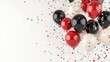 © Татьяна Макарова - Multicolored balloons and confetti against white backdrop, creating festive atmosphere