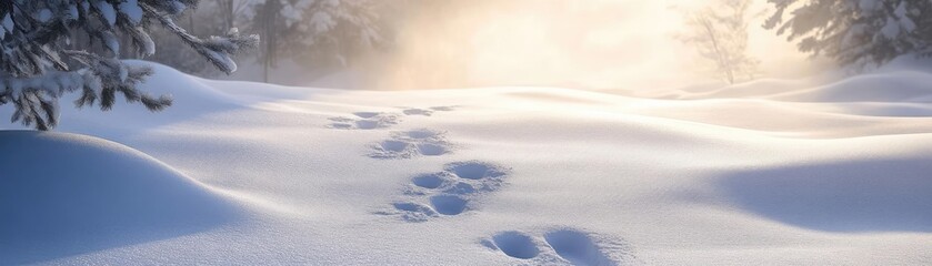 Poster - A tranquil winter scene featuring soft snow and gentle footprints leading through a peaceful landscape illuminated by soft light.