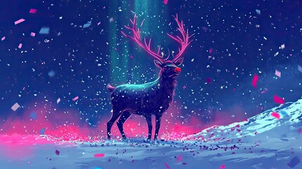 Aufkleber - A majestic reindeer stands in a snowy landscape, illuminated by vibrant colors and snowflakes, creating a magical winter scene.