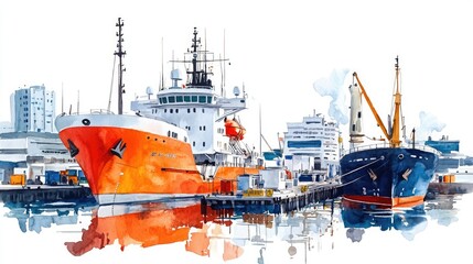 A vibrant watercolor depiction of two ships docked in a bustling harbor, showcasing reflections and surrounding industrial structures.