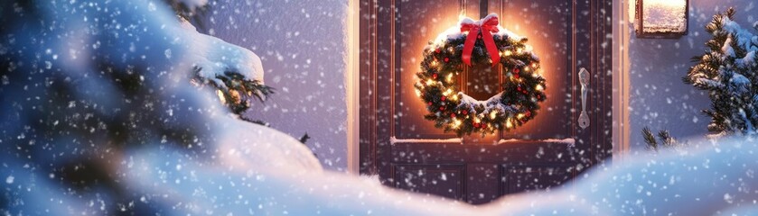 Poster - A cozy winter scene featuring a decorated Christmas wreath on a snowy door, evoking holiday warmth and festive cheer.