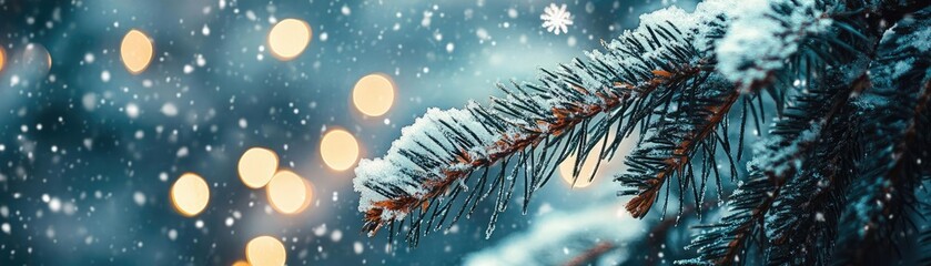 Aufkleber - A serene winter scene featuring a snow-covered pine branch with soft bokeh lights in the background, embodying the holiday spirit.