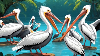 Playful Pelicans by the Water Cartoon Background Design