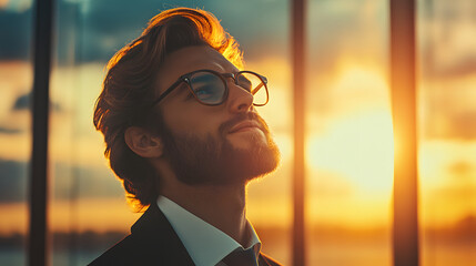 Angel investor with halo evaluating startup pitch, serene smile in soft morning light, entrepreneurial success concept