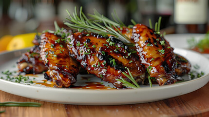 Red Wine Chicken Wings in a white plate, in a luxurious shop.