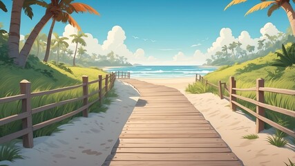 Wall Mural - Scenic Boardwalk Along the Beach Cartoon Background Design