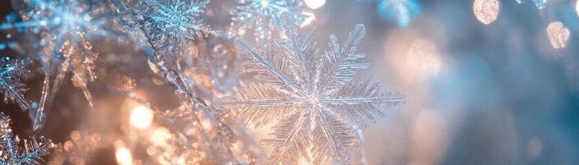 Aufkleber - Captivating close-up of frosty snowflake with shimmering lights, evoking a magical winter ambiance in serene blue tones.