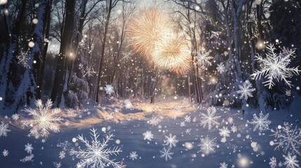 Aufkleber - A serene winter landscape featuring snow-covered trees and softly falling snowflakes, illuminated by magical winter lights.