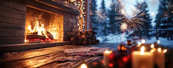 Poster - A cozy fireplace scene with warm glow, decorated with candles and festive lights, creating a cheerful winter atmosphere.
