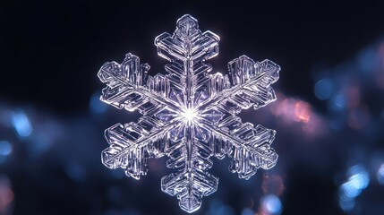 Poster - A stunning, close-up image of a crystal snowflake, showcasing intricate details and a sparkling glow against a dark background.