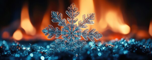 Poster - A stunning snowflake on sparkling ice with a warm fireplace in the background, creating a cozy winter atmosphere.