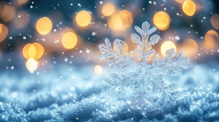 Poster - Frosty snowflake resting in soft, shimmering snow with a backdrop of warm, glowing bokeh lights, creating a magical winter atmosphere.